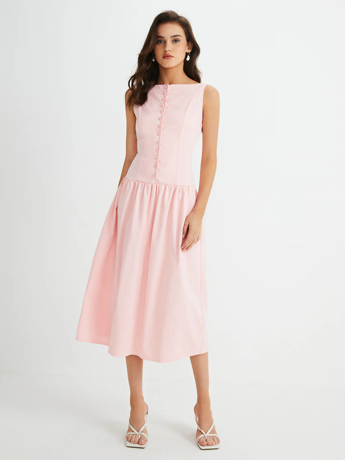 Multi-Button Sleeveless Pleated Midi Dress | Commense