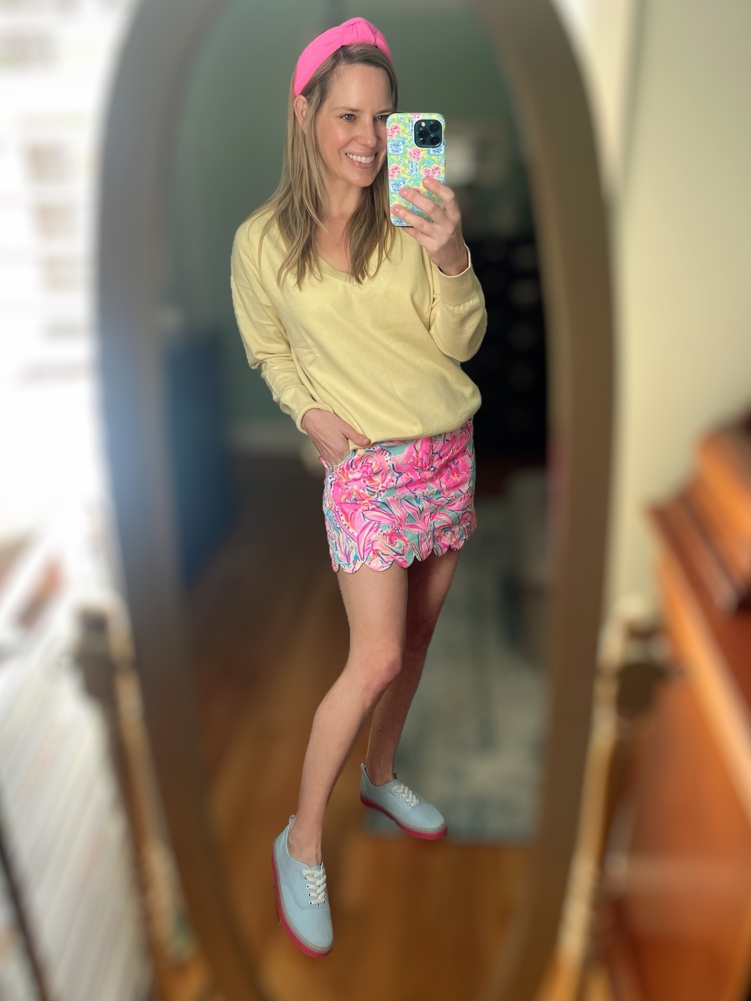 Spring is calling and I’m answering in color! This look is giving all the playful pastel vibes with a pop of preppy charm ☀️ I styled a buttery yellow pullover 💛 with my favorite Lilly Pulitzer scalloped skort in a bright pink and aqua print 🌸—the ultimate warm-weather combo!

Topped it off with a bold pink headband 🎀 and the cutest blue + pink sneakers 👟 for a casual, colorful spring outfit that’s perfect for brunch, errands, or your next beach stroll 🌴

Outfit details:
	•	Lightweight yellow sweatshirt for cozy spring mornings
	•	Lilly Pulitzer scallop-hem skort (obsessed with this print!) 🌺
	•	Pastel blue sneakers with a hot pink sole = comfy + cute combo 💕
	•	Pink headband to tie it all together with a pop!

Perfect for: spring break, Easter weekend, resort wear, or everyday sunshine style ✨

Lilly Pulitzer outfit, pastel spring outfit, scallop shorts look, colorful preppy fashion, comfy cute spring outfit, spring break style, spring outfit idea 2025, LTK spring fashion

#LTKFindsUnder50 #LTKOver40 #LTKFindsUnder100