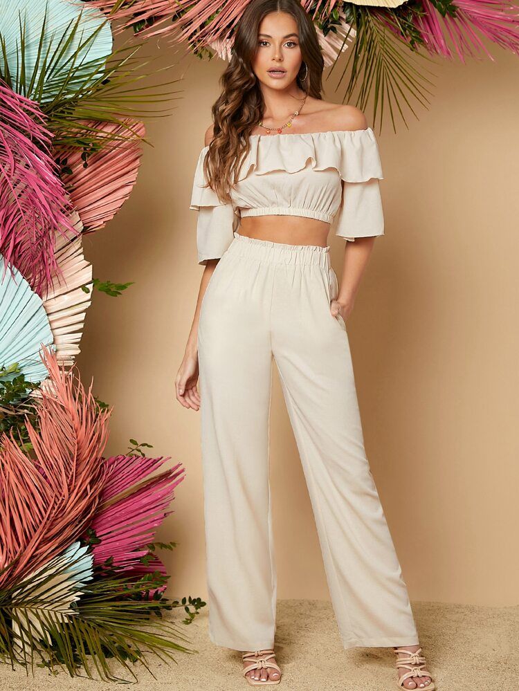 SHEIN Off Shoulder Ruffle Trim Crop Top & Paper Bag Waist Pants | SHEIN