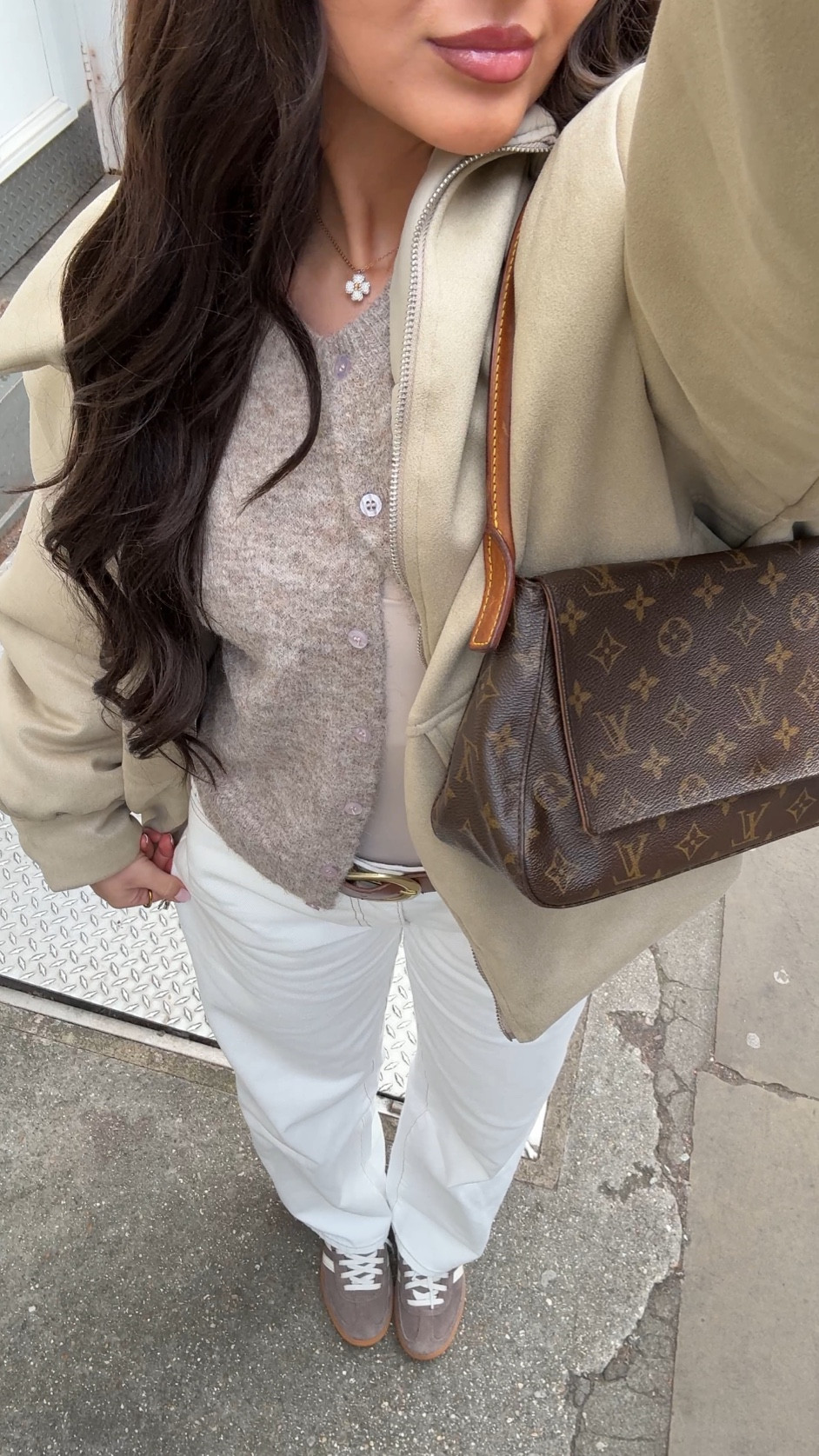 London OOTD 🤍

[ neutral outfits, adidas spezials, knitwear fashion, vintage LV, bomber jacket ] 

#LTKspring #LTKuk #LTKstyletip
