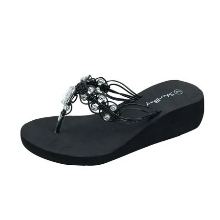 Starbay Women s Beads Pearl Strap Platform Wedge Thong Flip Flop Sandals Black Size 6 | Walmart (US)