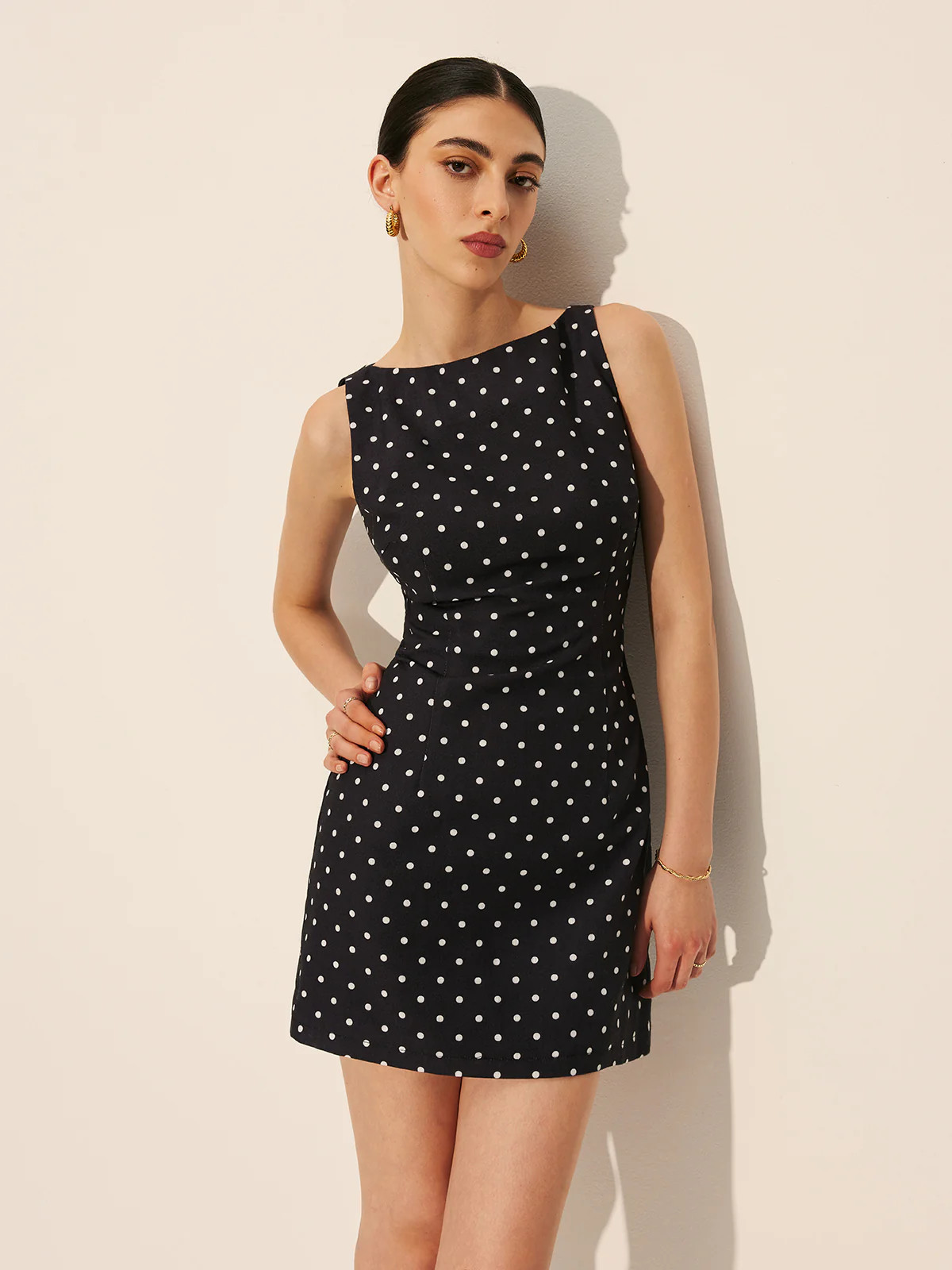 Polka Dot Zipper Crew Neck Short Dress | Commense