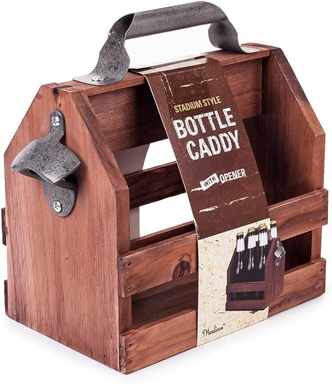 Mealivos Wooden Bottle Caddy, 6-Pack Beer Carrier with Built-In Metal Bottle Opener | Amazon (US)