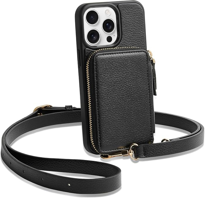 ZVE for iPhone 14 Pro Wallet Case, Card Holder Zipper Crossbody Phone Case with Wrist Strap, RFID... | Amazon (US)
