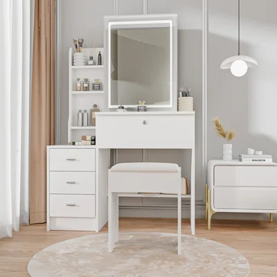 53.2" Vanity Desk With Lighted Mirror, 4 Drawers And Shelves, Makeup Vanity Table With Cushioned Stool For Bedroom Dressing | Wayfair North America