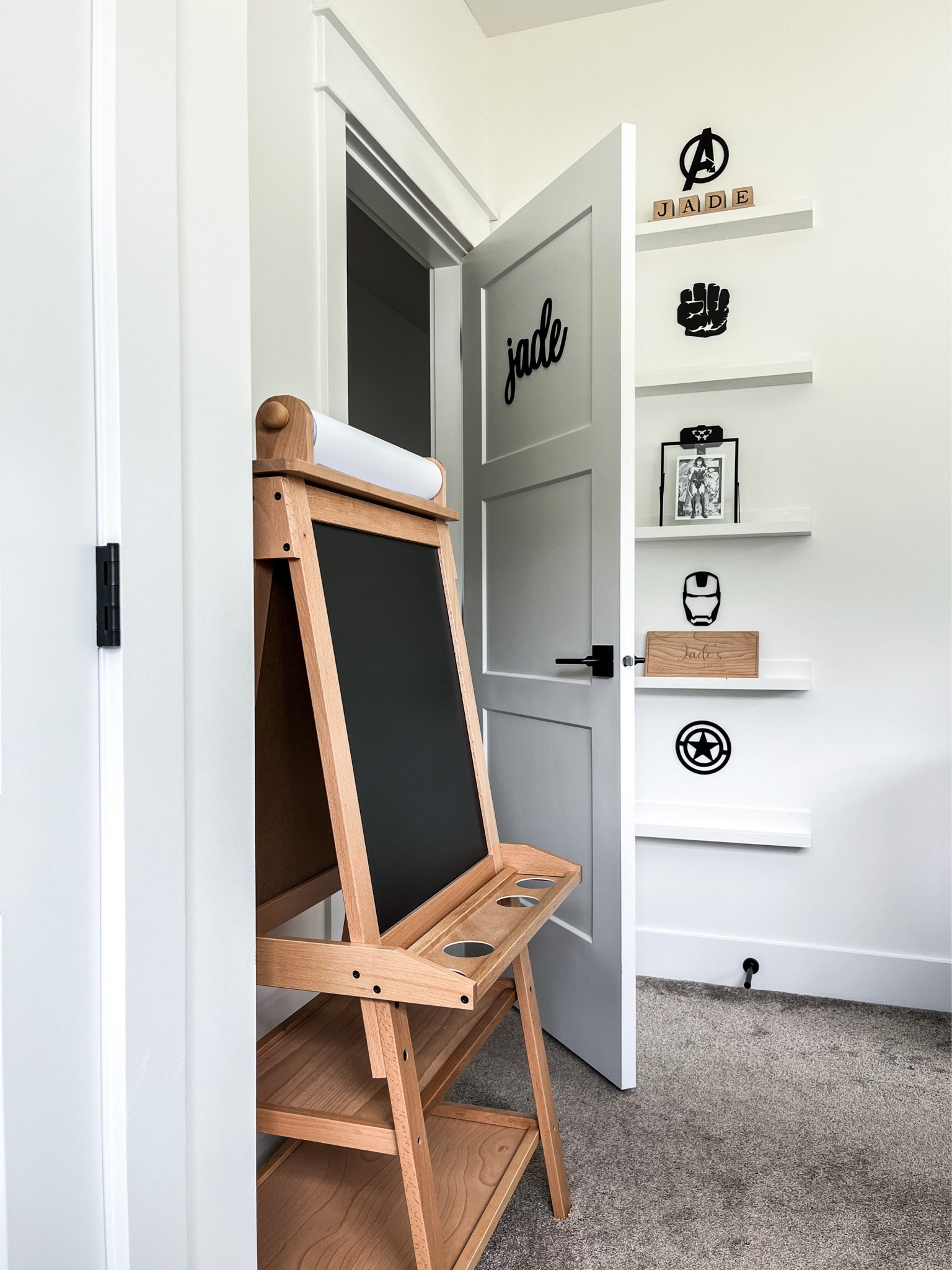 K I D S / added Jade’s art easel to this corner…perhaps she will be inspired to create her own superhero comic images ✍🏻

Still working on styling her shelves, 
but how perfect are the wooden toys & cursive name cutout on the door from @awandco?! Use code homeiswheremynicheis for 10% off site wide 

Marvel Superhero Girls / Boys Bedroom | Amazon | Etsy

#LTKcanada #LTKkids #LTKhome