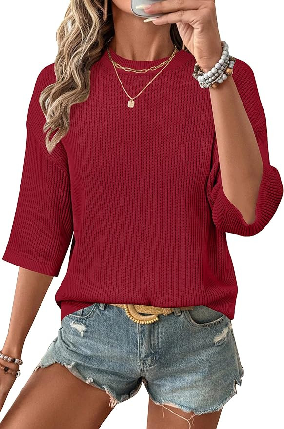 Arach&Cloz Womens 100% Cotton 3/4 Length Sleeve Sweater Crochet Tops Shirts Casual Blouses Resort... | Amazon (US)