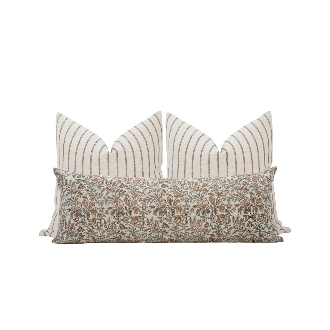 Choose Your Lumbar Pillow Cover Neutral Pillow Cover Combo for Bed Block Print Pillow Bed Throw P... | Etsy (US)