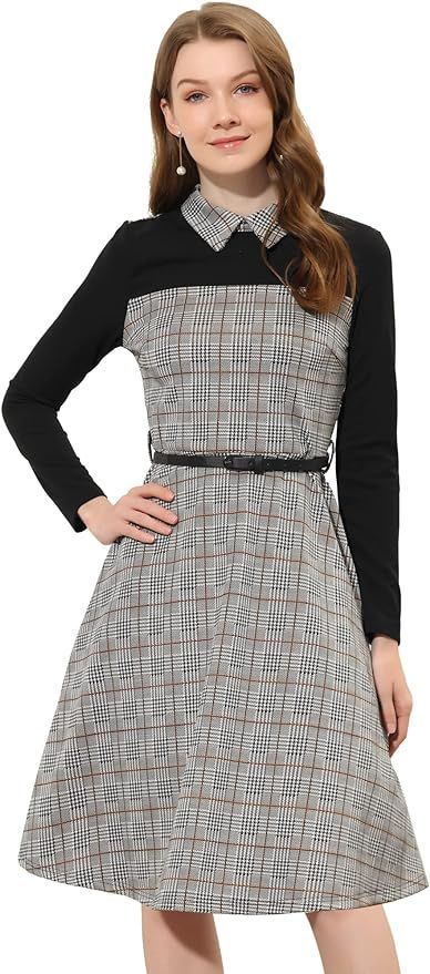 Allegra K Women's Plaid Dress Contrast Collar Long Sleeve Belted Tartan Work Dresses Small Light ... | Amazon (US)