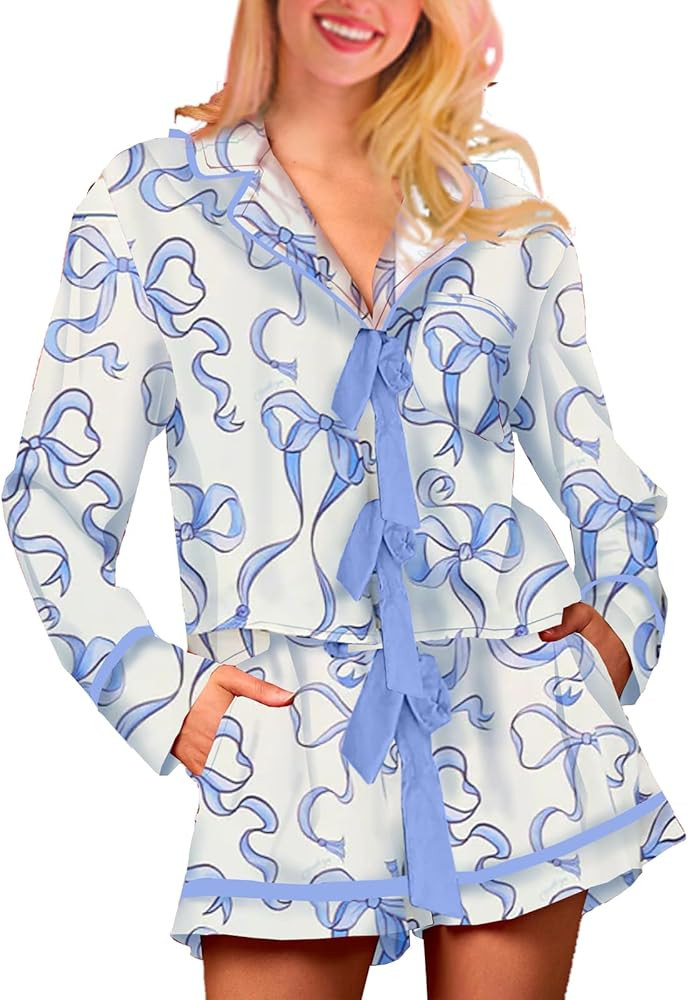 Yuemengxuan Women Christmas Pajamas Set 2 Piece Lounge Set Cute Bow Tie Long Sleeve Button Down S... | Amazon (US)