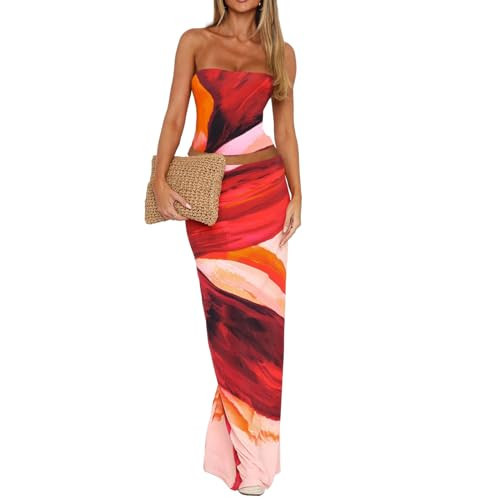 Two Piece Sets for Women Summer, Matching Set Going Out Tube Top Floral Bodycon Maxi Dress 2 Piece Outfits Red Pink XL | Amazon (US)