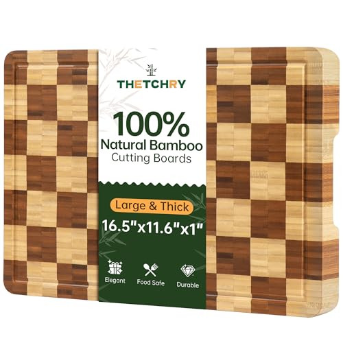 Bamboo Cutting Boards for Kitchen, End Grain Wood Cutting Board with Juice Grooves & Handles, Charcuterie Checkered Chopping Board Thick Butcher Block Serving Tray with Gift Box, 16.5"×11.6"× 1" | Amazon (US)