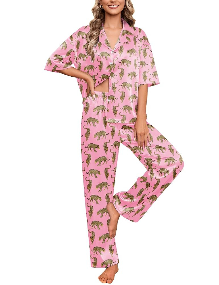 Ekouaer Silk Satin Pajamas Set Women Short Sleeve Pj Sets Button Down Sleepwear 2 Piece Soft Loun... | Amazon (US)