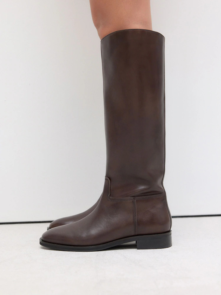 Buy Chocolate Brown Leather Standard/Wide Fit Forever Comfort® Flat Riding Boots from Next Irela... | Next EU