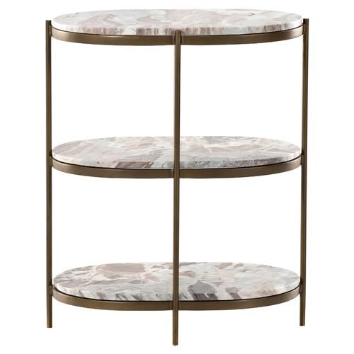 Kian Mid Century Grey Marble Antique Brass Iron Oval Shelving Side Table | Kathy Kuo Home