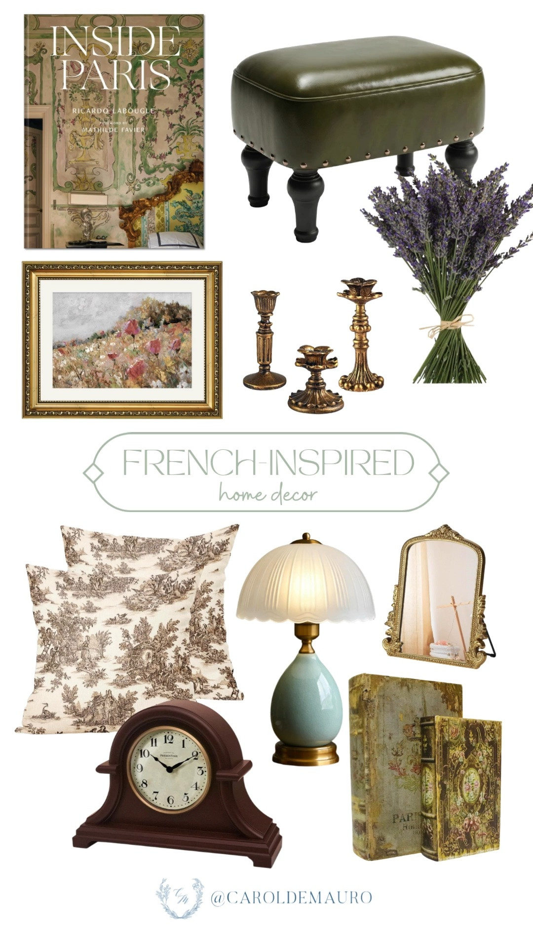 french inspired, home decor, romantic aesthetic, leather ottoman, gold taper candle holders, toile throw pillows, table lamp, ornate photo frame, vintage wall art, mantel clock, decorative books

#LTKHome