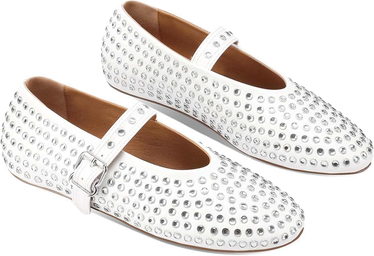 Women's Rhinestone Flats Crystal Studded Mary Jane Ballet Flats Shoes Buckle Ballerina Shoes | Amazon (US)