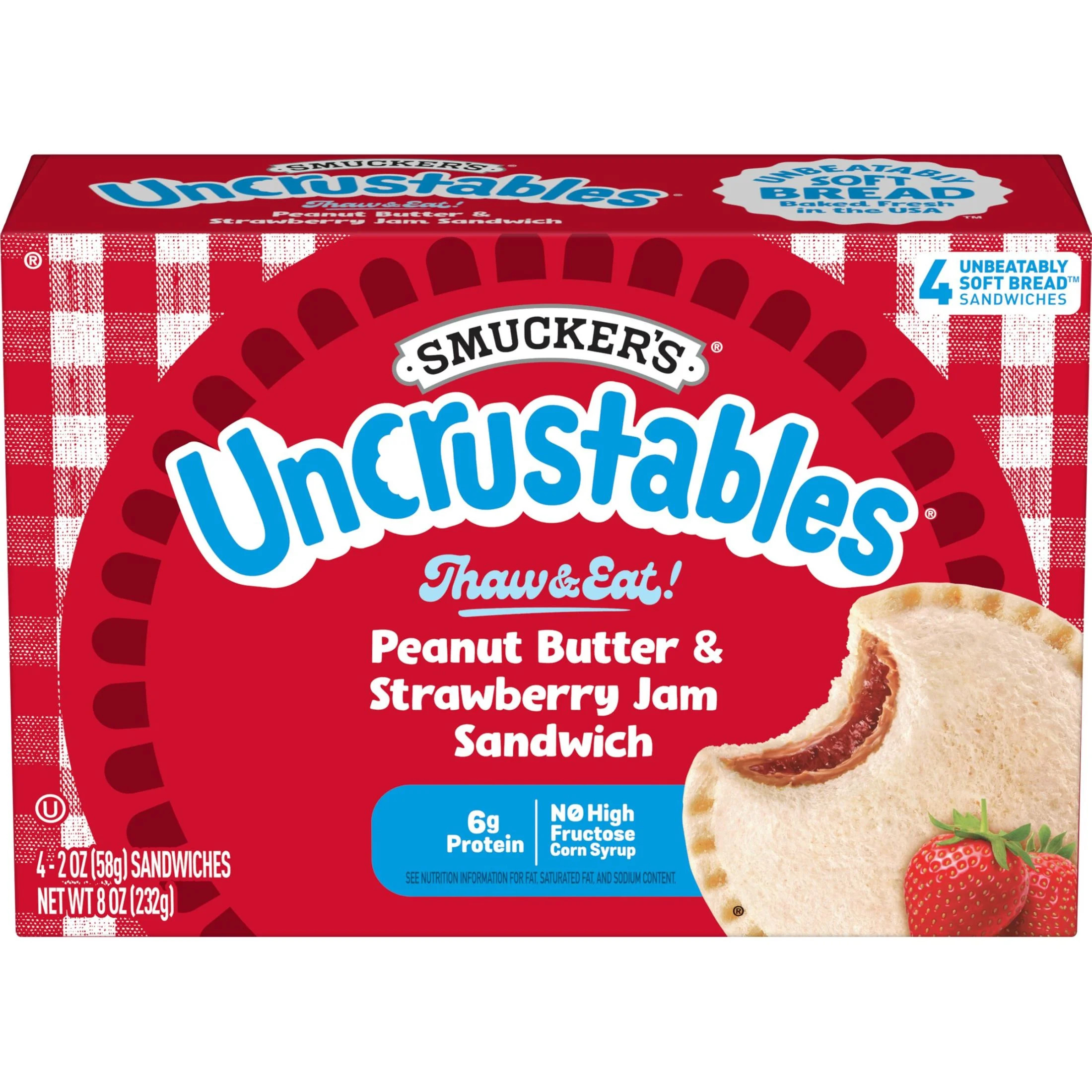 Smucker’s Uncrustables Peanut Butter & Strawberry Jam Sandwiches, 4 Count, 2 oz Each, Frozen | Walmart (US)
