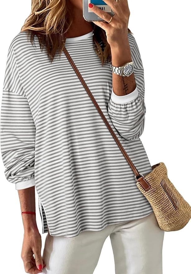 EVALESS Long Sleeve Shirts for Women Trendy Lightweight Crew Neck Striped Tee Shirt Top | Amazon (US)