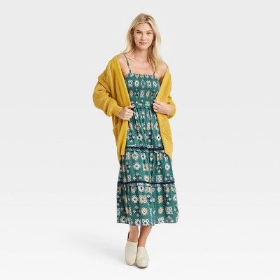 Women&#39;s Sleeveless Tiered Dress - Universal Thread&#8482; Teal Green Ikat Print M | Target