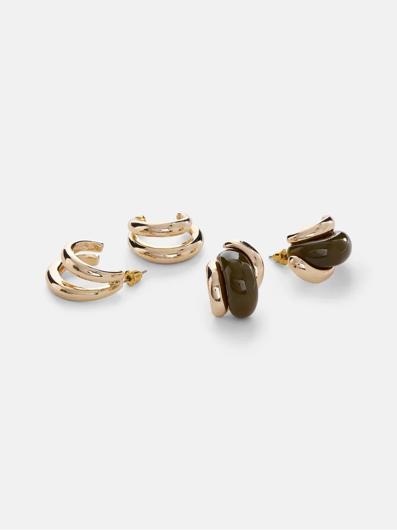 Scenario Women's Gold-Tone Acrylic Green Curved and Double Hoop Earrings Set, 2-Pair | Walmart (US)