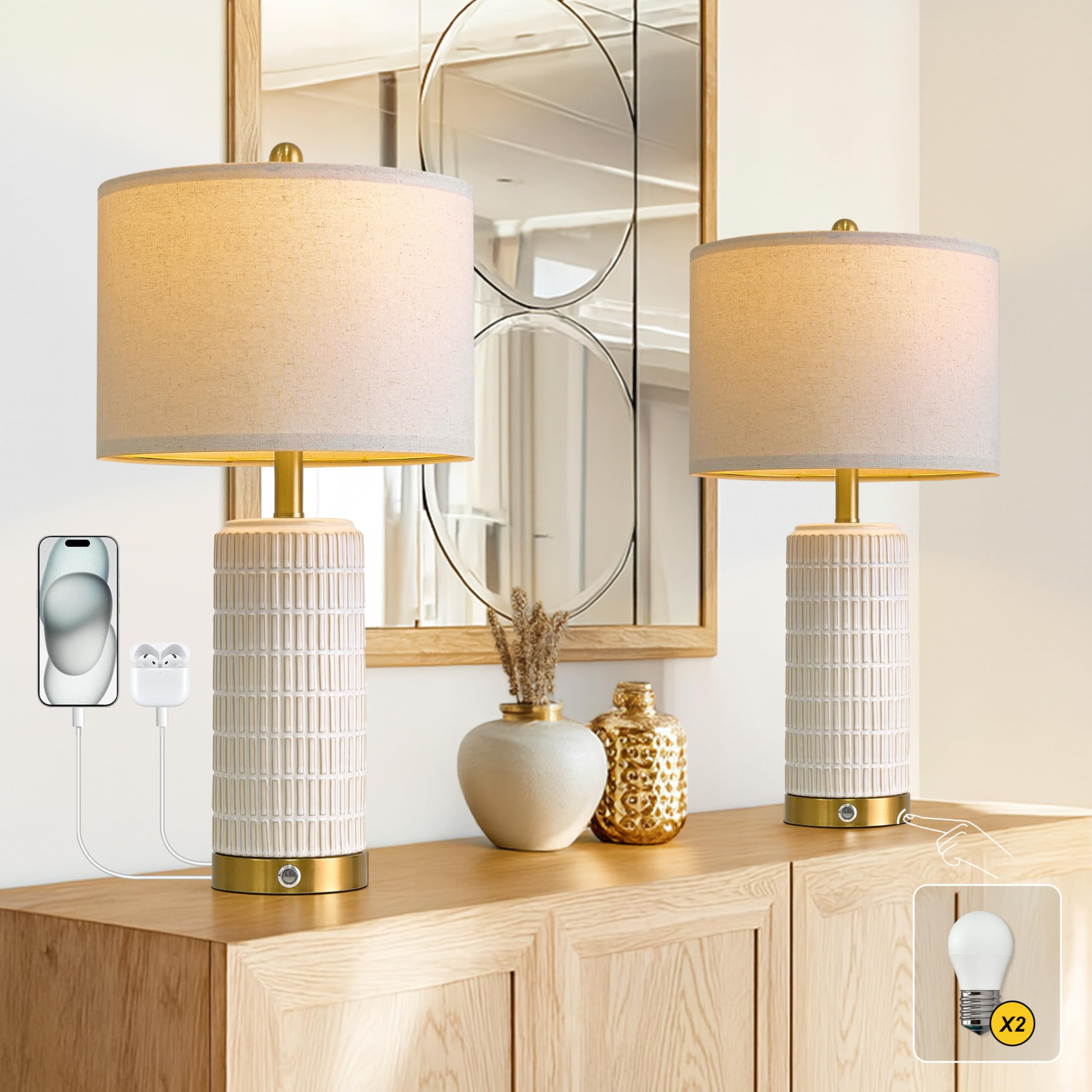 PoKat Touch Bedside Table Lamps with USB Ports for Bedroom, 25'' Dimmable Nightstand Touch Lamps ... | Amazon (US)