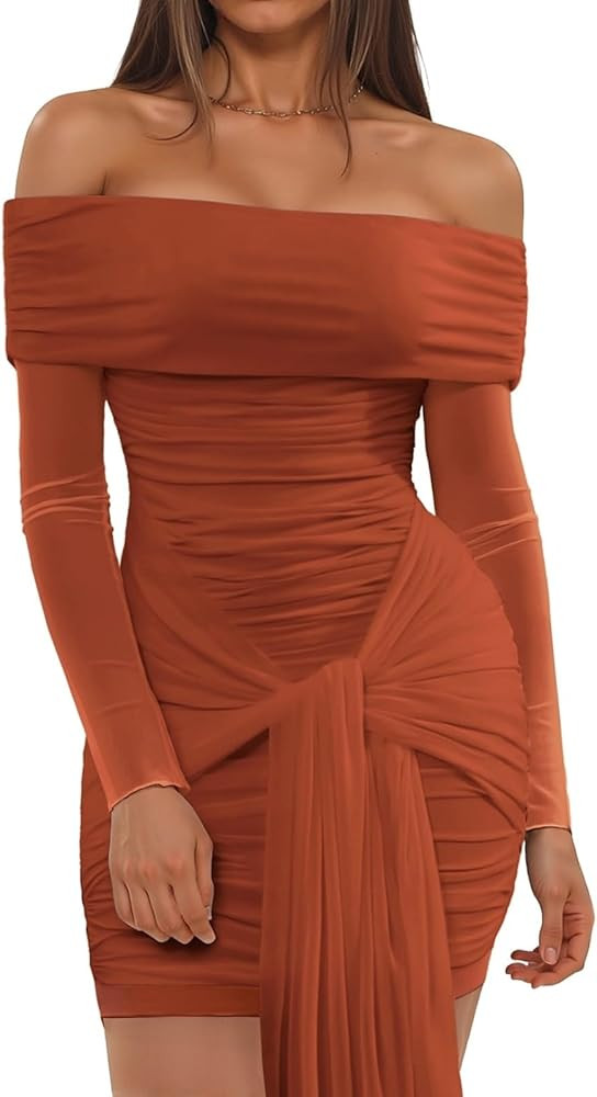Off The Shoulder Mesh Dress Long Sleeve Ruched Bodycon Dress for Women Tie Waist Dresses | Amazon (US)