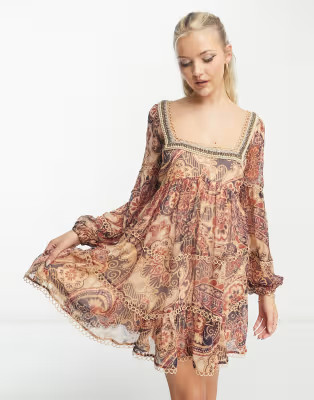 ASOS DESIGN square neck lace insert beaded mini smock dress in tan paisley print | ASOS (Global)