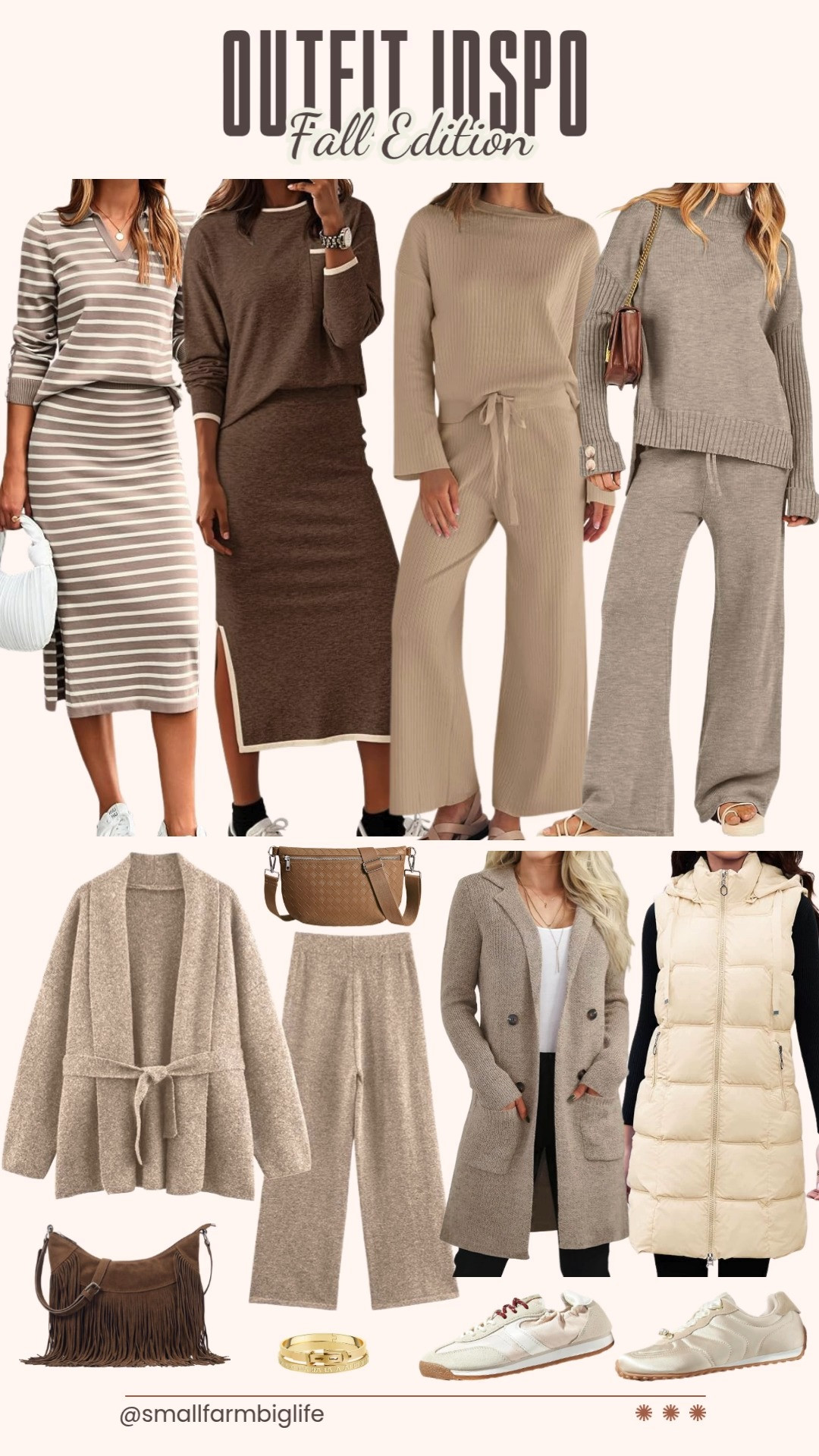 Two piece knit sets are dominating fall outfit inspo right now, and this lineup is full of easy matching options. The cream and taupe striped Glamaker sweater dress set brings a polished polo neck look, while the khaki heather belted cardigan and wide leg pant set and the brown heather Dokotoo skirt set both bring a softer, more relaxed silhouette.

For pure comfort, the tan ZESICA and taupe heather Caracilia lounge sets both pair a knit pullover top with wide leg pants, perfect for travel or an easy airport outfit. Layer any of these with the beige long puffer vest or the oatmeal heather open front coatigan for extra warmth on cooler days.

Accessories finish the look nicely. The brown fringe hobo bag adds a western, boho touch, while the light brown vegan leather crossbody fanny pack is a practical everyday option. Finish with the beige LUCKY STEP chunky sneakers or the beige LUCKY STEP retro sneakers for a comfortable, trendy shoe to complete any of these outfits.

#amazonfashion #falloutfits #fallfashion #twopieceset #amazonfinds 

 #LTKootd #LTKActive #LTKOver40