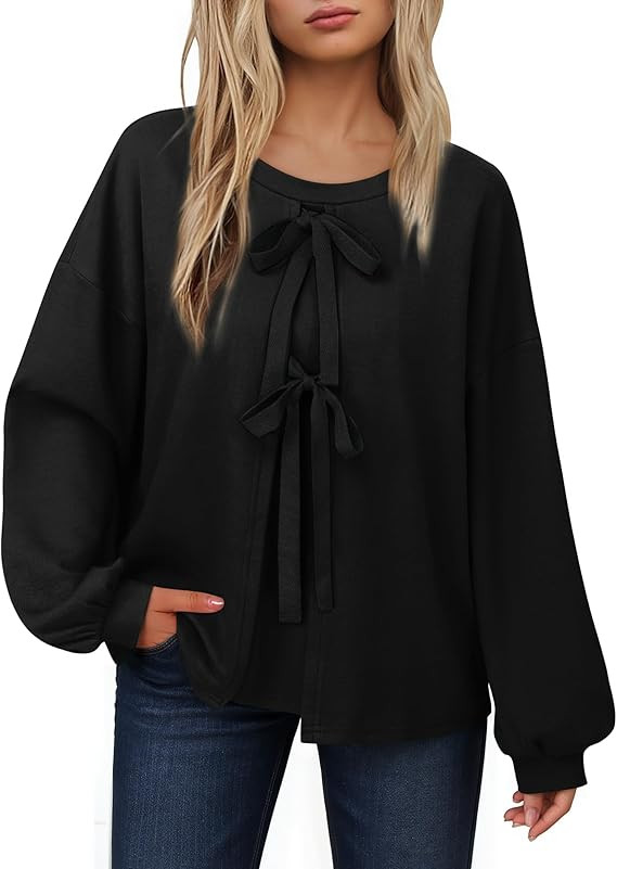 Vivilli Women's Tie Front Knit Tops Long Lantern Sleeve Shirts Crewneck Sweatshirts A-Line Patchw... | Amazon (US)