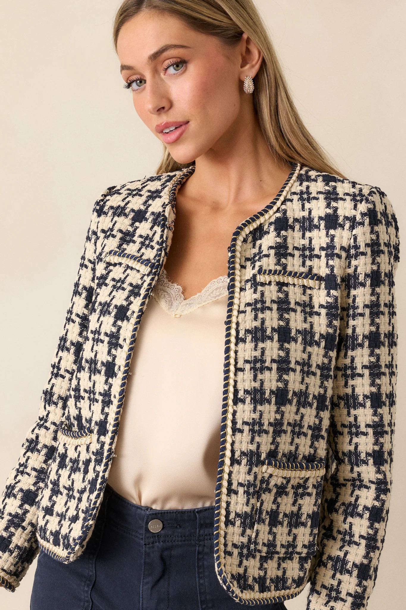 Starlit Pathways Navy Houndstooth Tweed Jacket | Red Dress