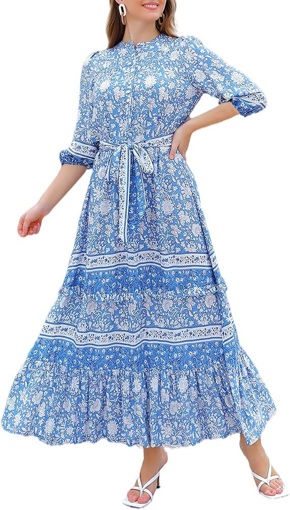 Women 3/4 Sleeves Front Buttons Floral Print Casual Bohemian Maxi Dresses | Amazon (US)