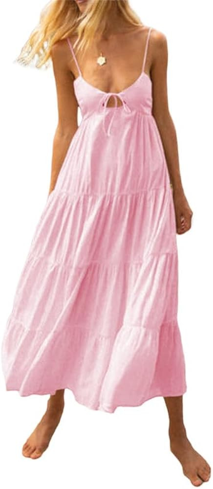 ROAONOCOMO Women Y2K Spaghetti Strap Maxi Dress Ruffle Flowy Long Cami Dress Cut Out Ruched Tiere... | Amazon (US)