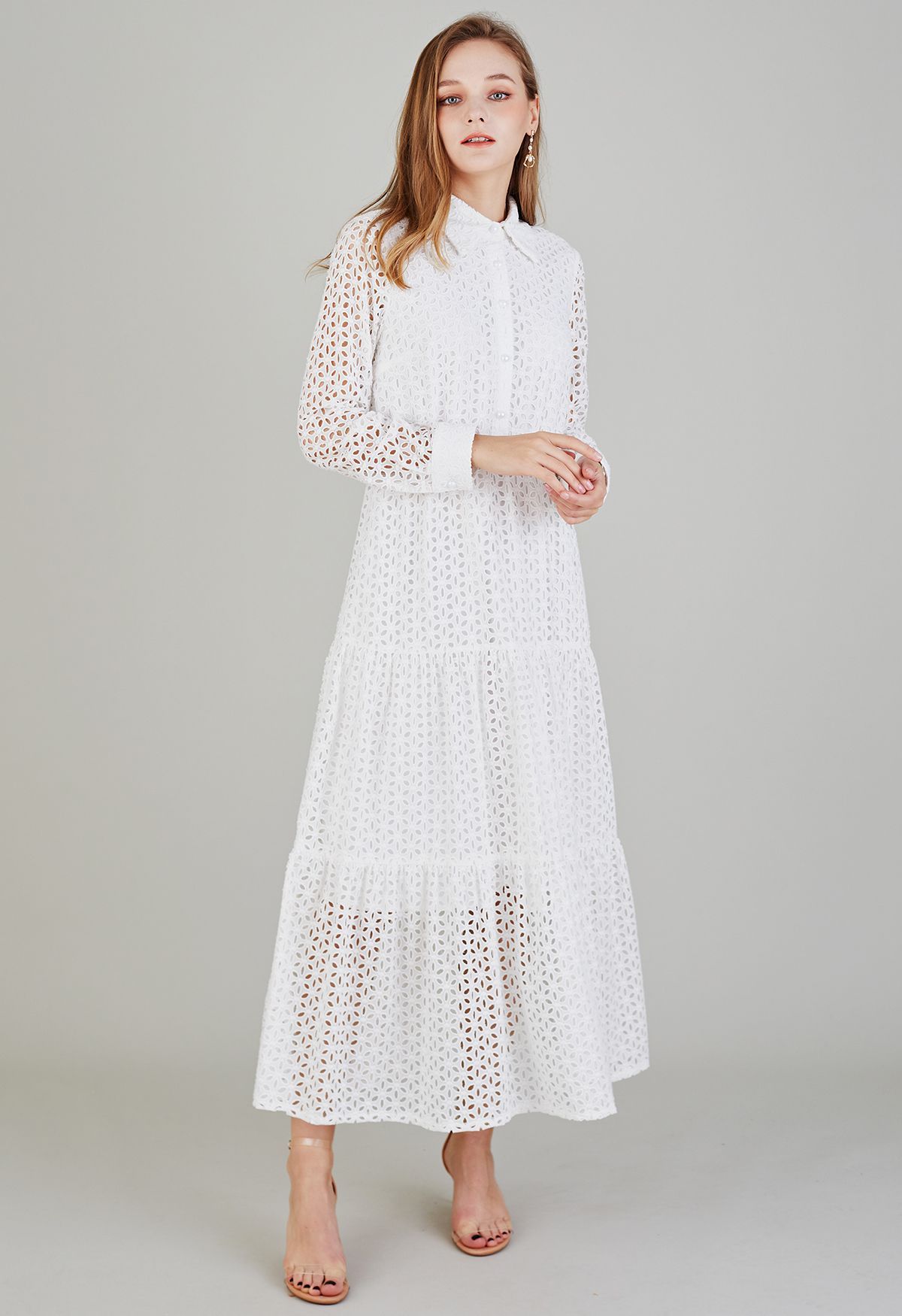 Pure White Floral Cutwork Frilling Maxi Dress | Chicwish