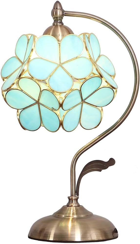 Bieye L10752 Cherry Blossom Tiffany Style Stained Glass Table Lamp with Petal Lampshade Vintage Brass Base (Ice Blue) | Amazon (US)
