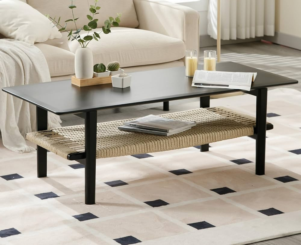 chairus Farmhouse Coffee Table Rectangular Living Room Table with Rattan Storage Solid Wood Cente... | Amazon (US)