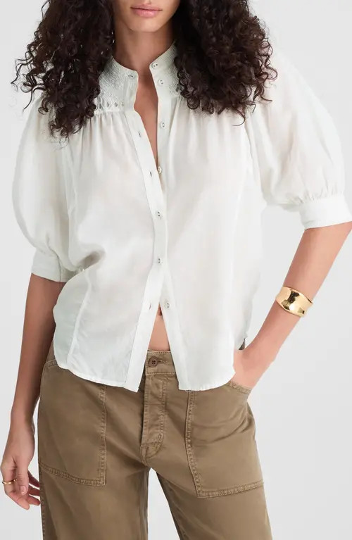 Madewell Embroidered Puff Sleeve Band Collar Cotton Shirt in White at Nordstrom, Size 10 | Nordstrom