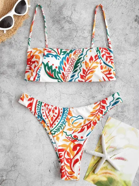 ZAFUL Ribbed Leaf Print Cami Bikini Swimwear | ZAFUL (Global)