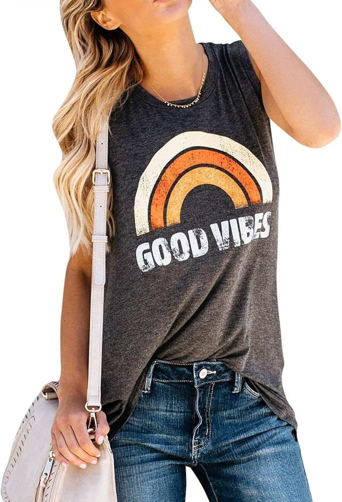Womens Tank Tops Good Vibes Summer Graphic Tees Long Rainbow Print Tunics Shirts | Amazon (US)