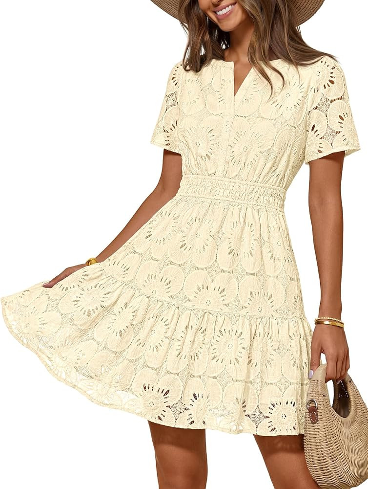 MEROKEETY Women's Summer Lace Boho Mini Dress 2026 Short Sleeve Floral Eyelet A Line Vacation Bea... | Amazon (US)