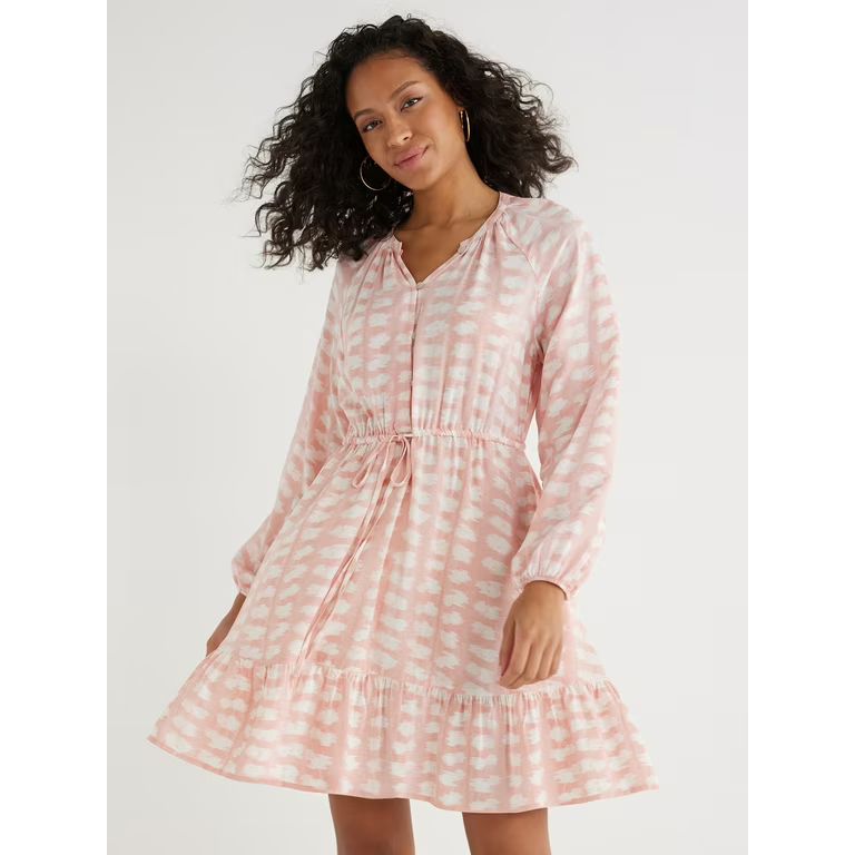 Time and Tru Women's Long-Sleeve Mini Dress with Drawstring, Sizes S-XXXL | Walmart (US)