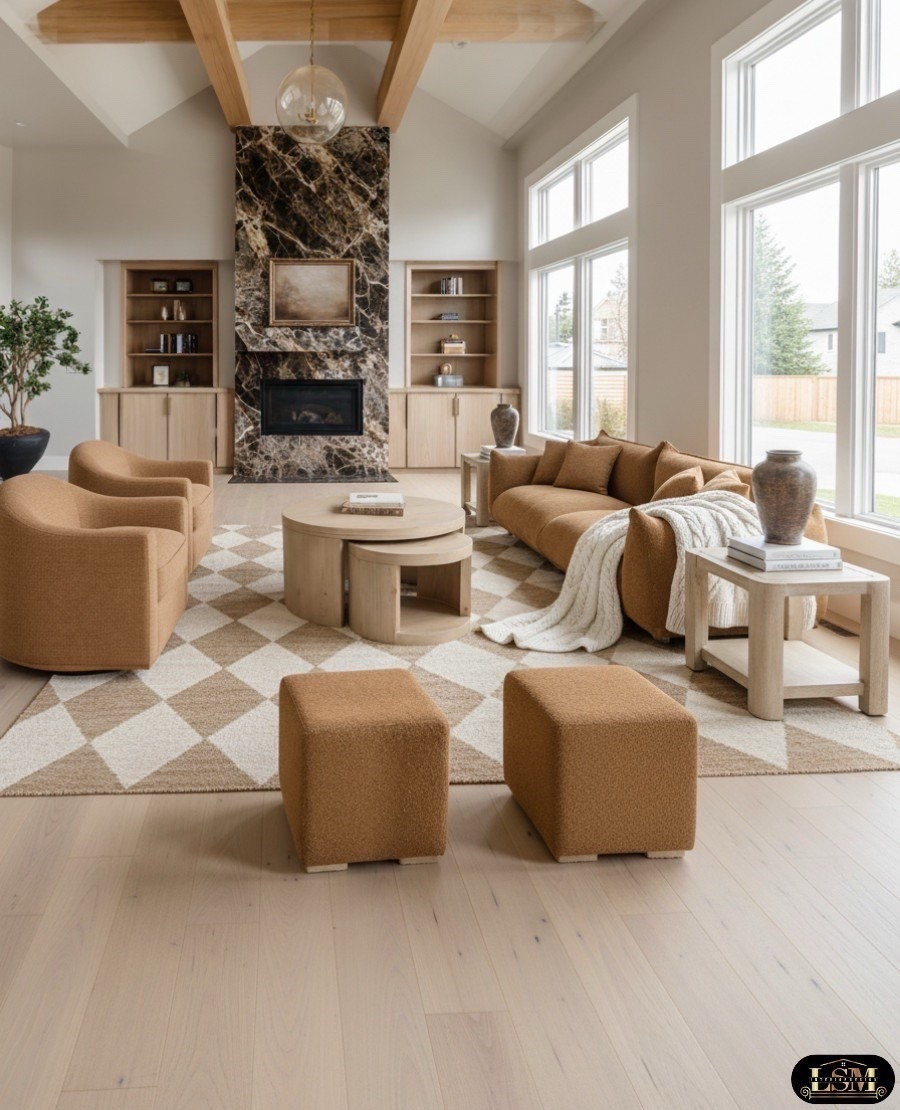 ✨ Shop the look:
Caramel boucle swivel chairs | Caramel curved sofa | Plush square boucle ottomans | Neutral diamond-pattern rug | Light natural wood nesting coffee tables | Stone-look ceramic vases | Light oak built-ins | Dramatic brown-veined marble fireplace | Exposed oak ceiling beams | Glass globe pendant 

#LTKHome #LTKSaleAlert