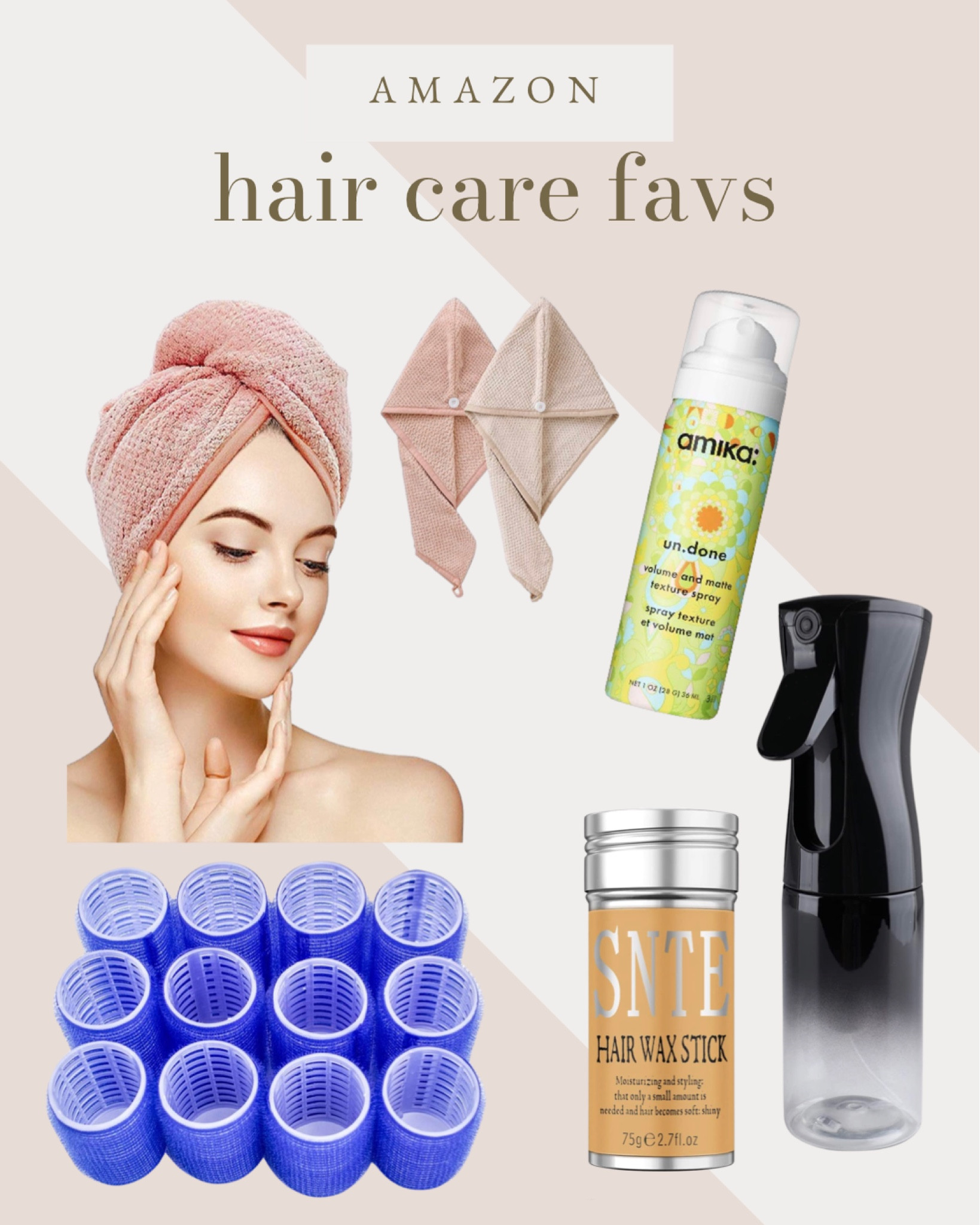 Amazon hair care favs! Microfibre towels, velcro rollers (my current obsession), texture spray, wax stick for those slick back looks and a continuous mister when your hair needs a refresh 

#LTKstyletip #LTKunder50 #LTKbeauty
