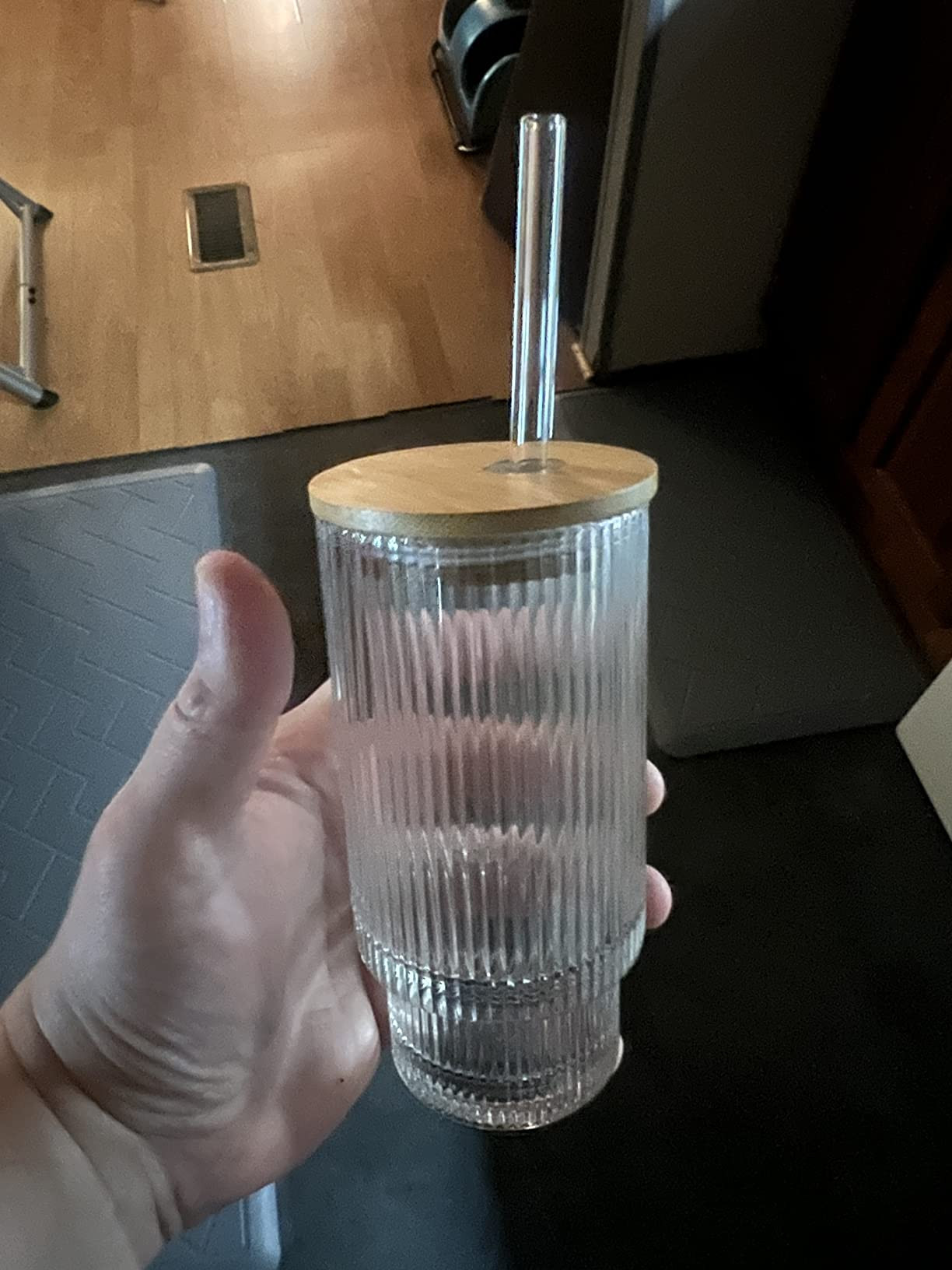 DoceMora Ribbed Glass cups with Bamboo Lids and Glass Straws Set of 4, Vintage Origami Style Clea... | Amazon (US)