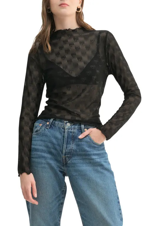 All in Favor Bow Long Sleeve Sheer Mesh Top in Black at Nordstrom, Size Large | Nordstrom