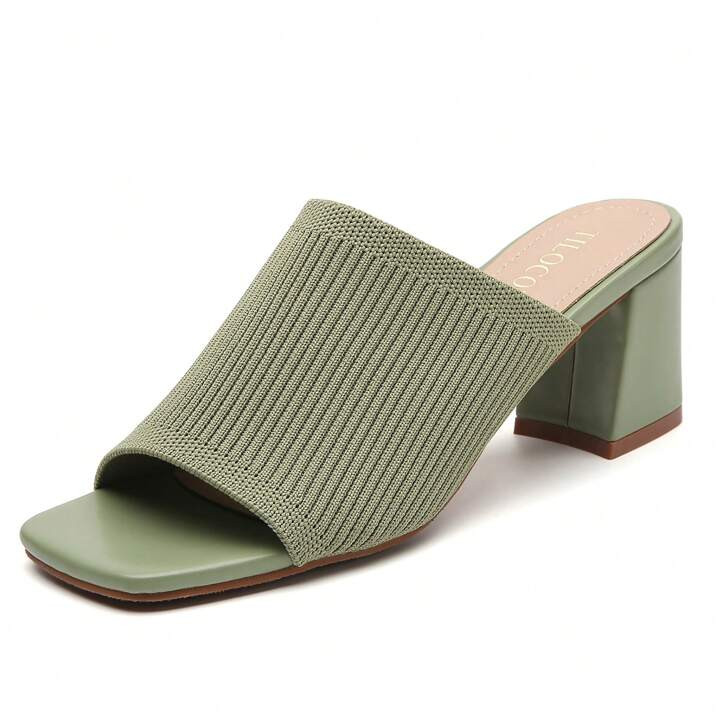 Tilocow Knit Heeled Sandals For Women Square Chunky Low Block Heel Mules Open Toe Slip On Breatha... | SHEIN