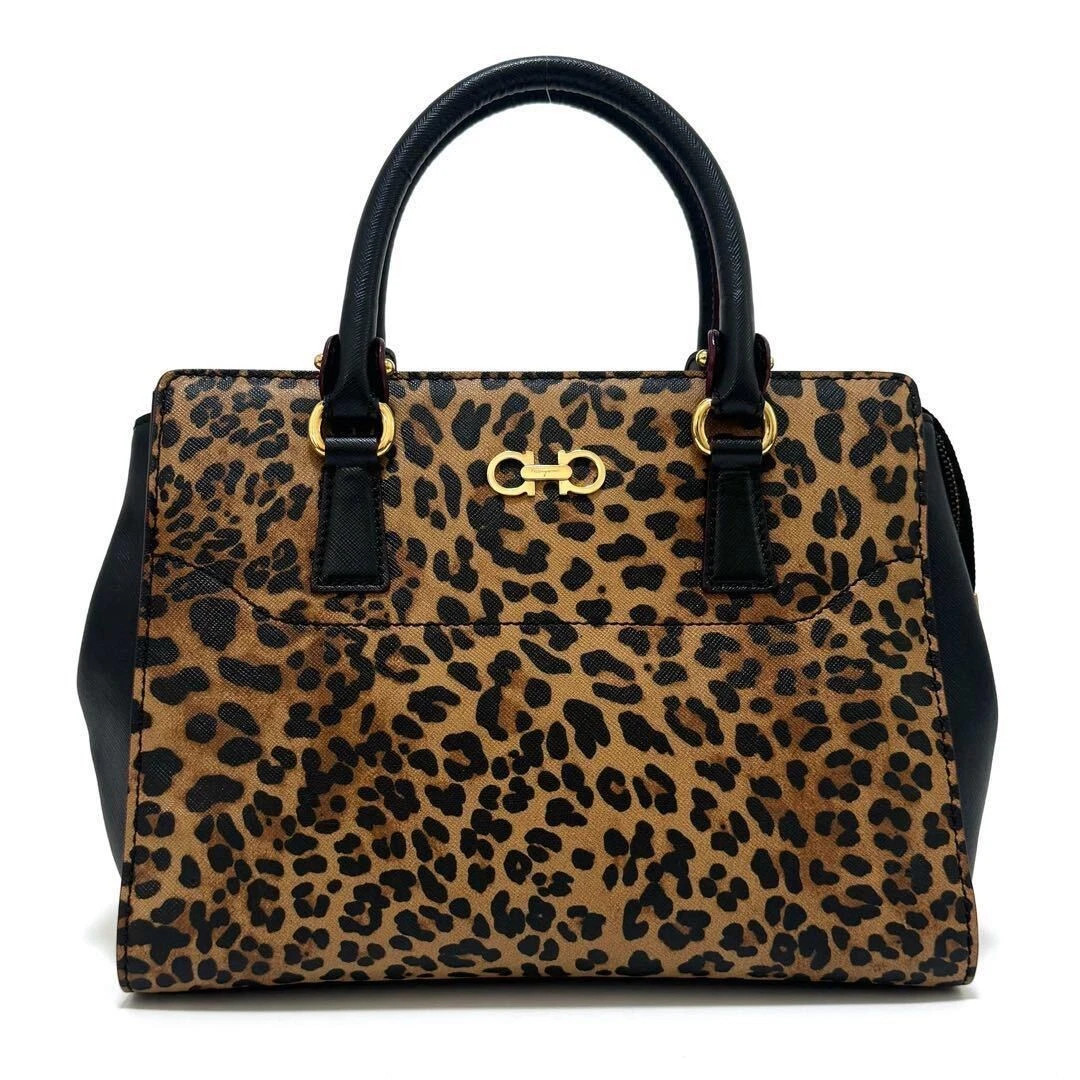 Salvatore Ferragamo EE 21 F317 Handbag Double Gancini Leopard Print Brown Black | eBay US
