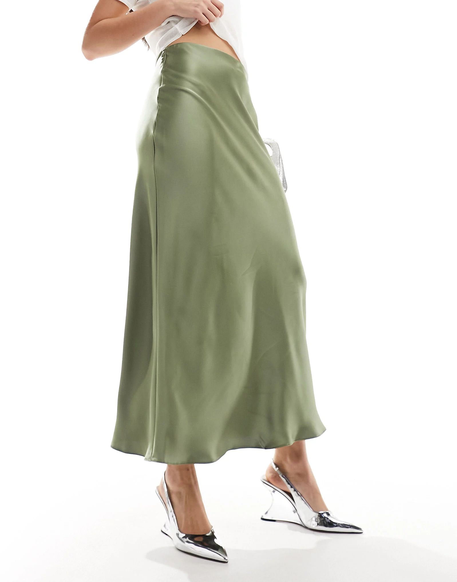 New Look satin midi skirt in khaki | ASOS (Global)