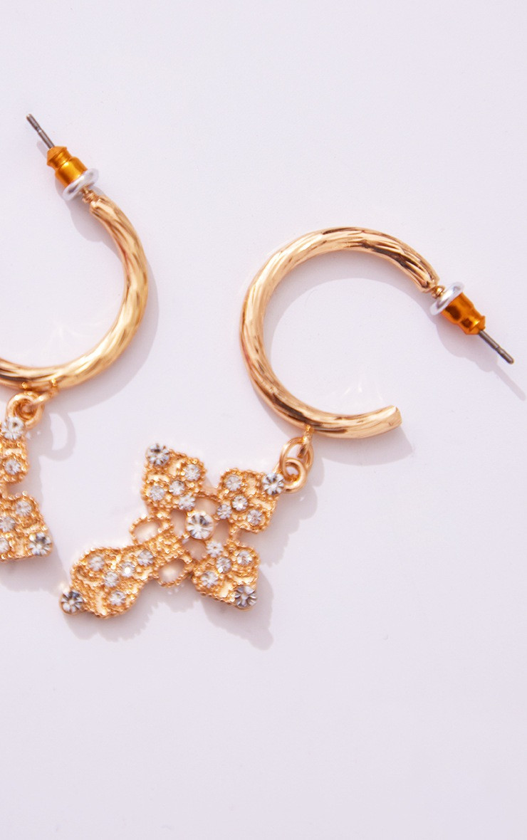 Gold Jeweled Hoop Cross Earrings | PrettyLittleThing US