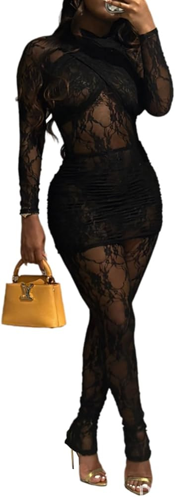 Ophestin Sexy Two Piece Outfits for Women Floral Lace Sheer Mesh Long Sleeve Top Bodycon Pants Se... | Amazon (US)